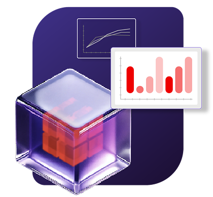 purple transparent glass cube with smaller red transparent cubes inside accompanied by a chart