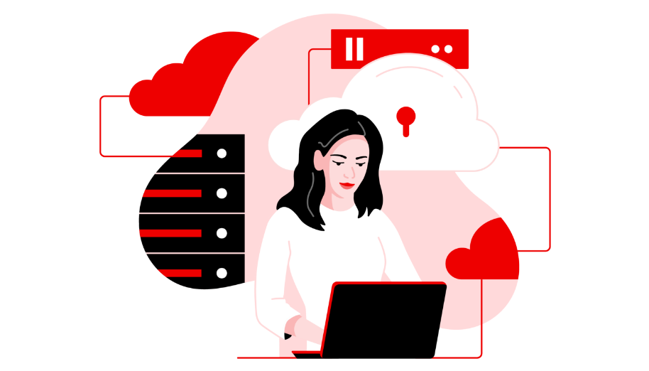 Illustration of a figure on their laptop with visuals of interfaces, security and headphones coming out of the laptop