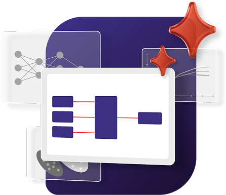 mini illustration of a central flowchart surrounded by translucent panels showing data visualizations like graphs and networks