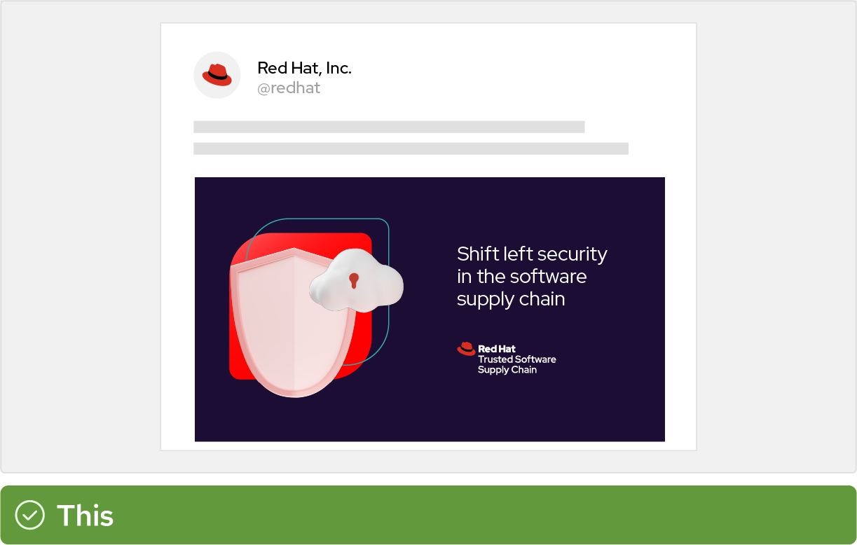 A social media post from Red Hat shows an image with the title “Shift left security in the software supply chain” followed by the Red Hat Trusted Software Supply Chain product logo. On the right is a Red Hat illustration related to security concepts, showing a shield and data on top of a monitor.