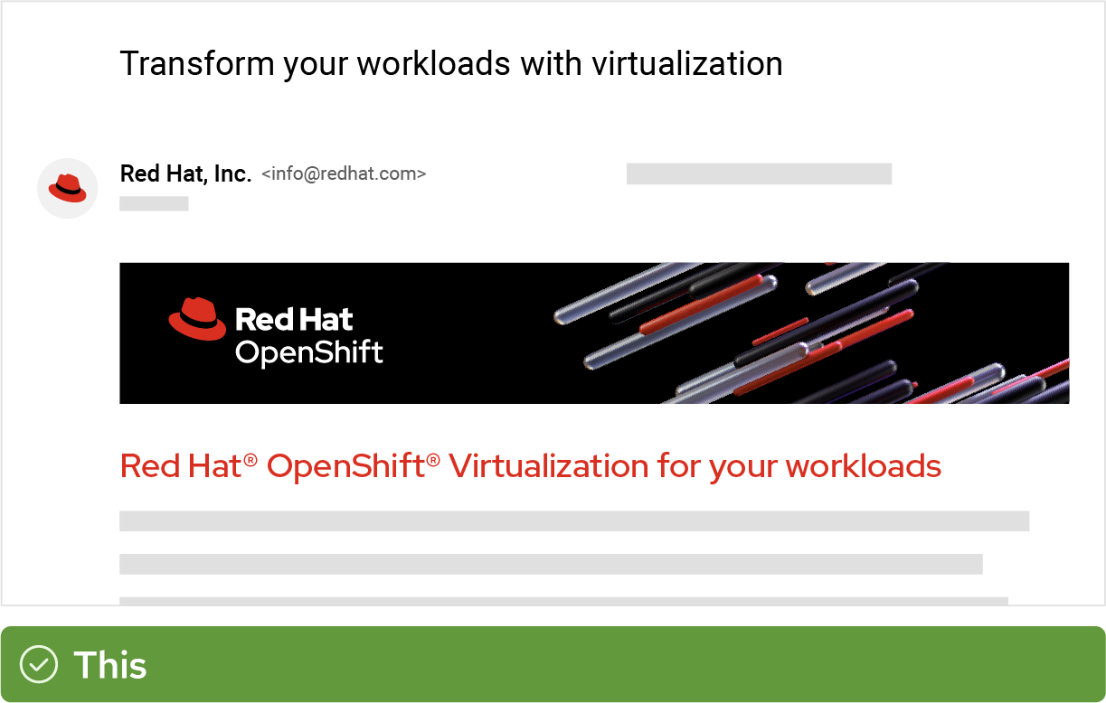 A screenshot of an email inbox shows an email titled “Red Hat OpenShift Virtualization for your workloads.” The email header image has the Red Hat OpenShift logo and OpenShift platform artwork.
