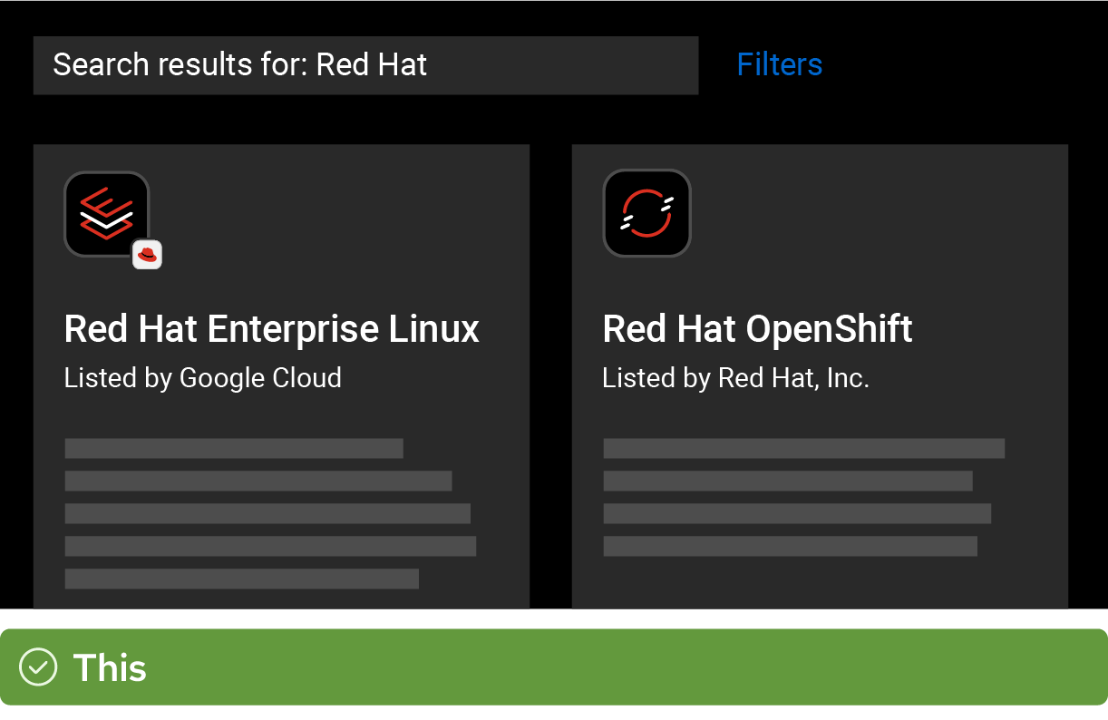 A screenshot of a marketplace shows a listing for Red Hat Enterprise Linux, listed by Google Cloud. The image for the listing is the Red Hat Enterprise Linux technology icon with the Red Hat badge icon attached.