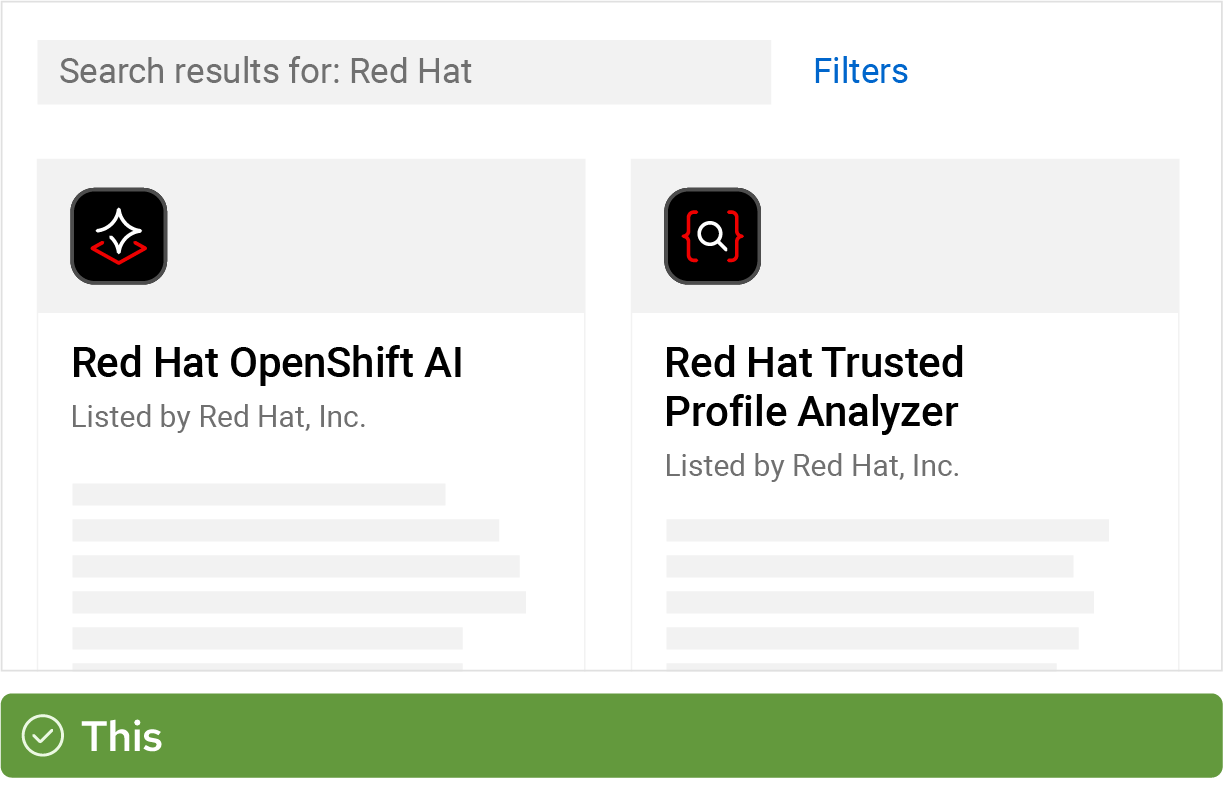 Two marketplace listings for Red Hat products that feature the full color technology icon of each product.