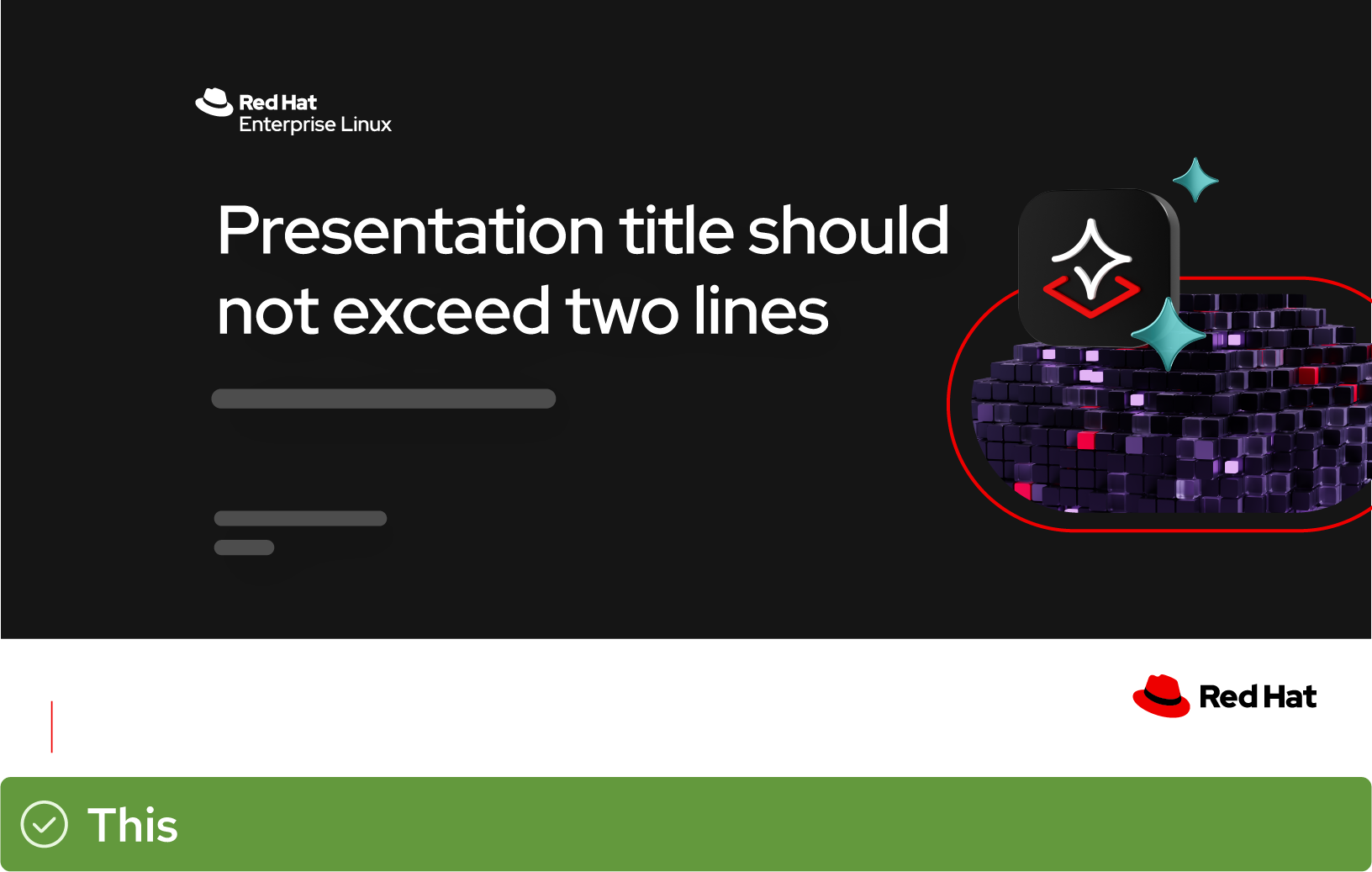 The title slide of a presentation shows the Red Hat AI product logo and to the right, the Red Hat AI technology icon has been made into an artwork with 3D shapes. 