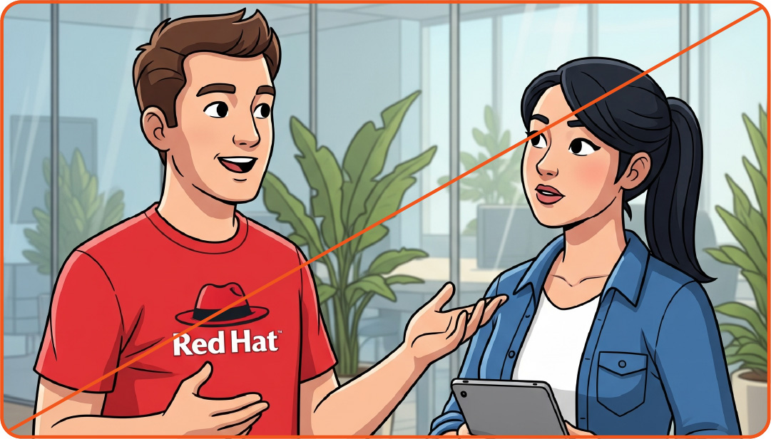 Image showing misuse: AI generated image of a person wearing a red t-shirt with the Red Hat logo.