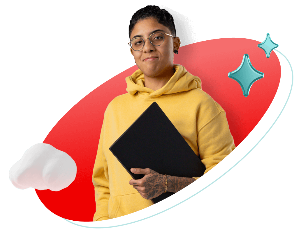 Image of a person holding a laptop