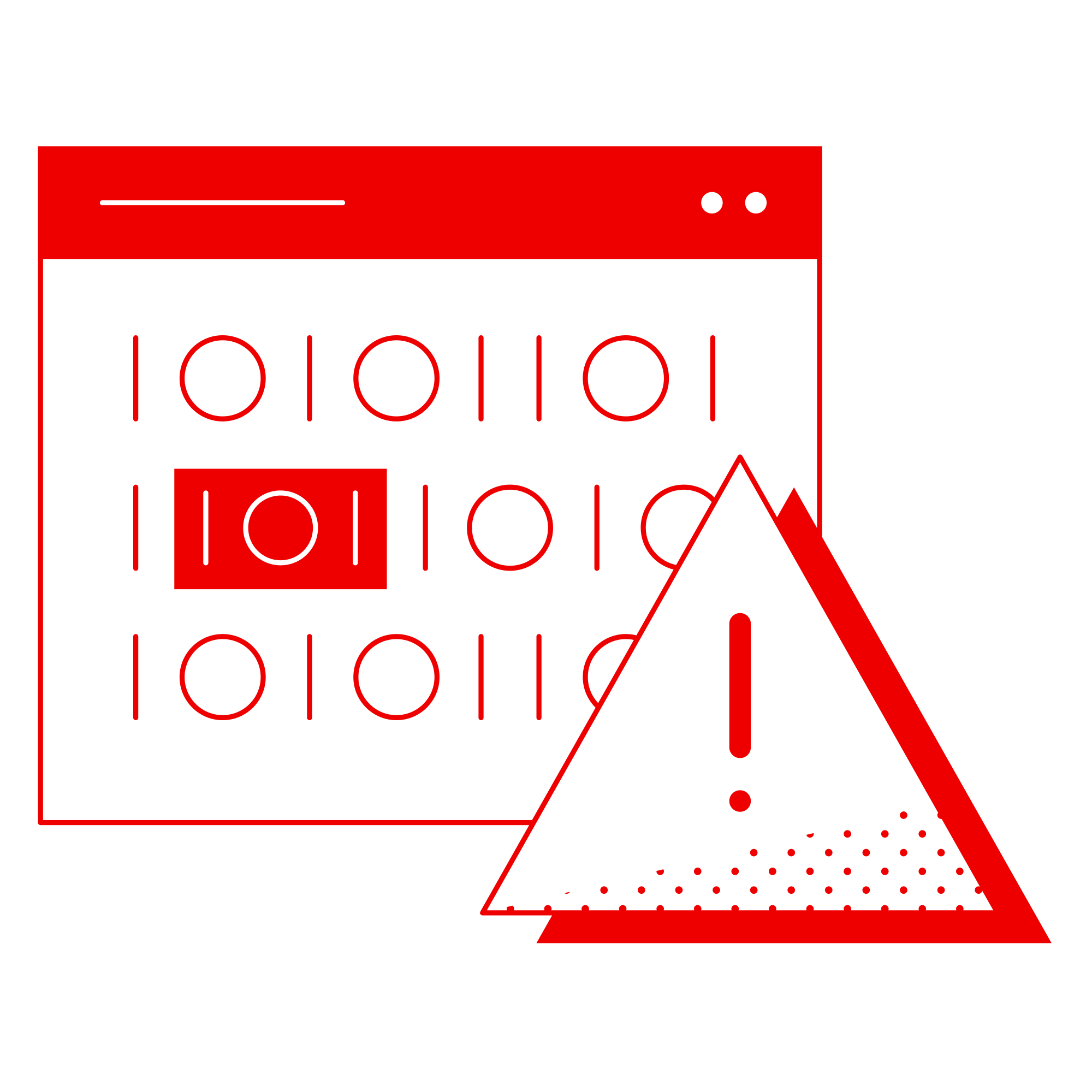 red and white digital illustration of computer screen with binary code and a triange with exclamation mark