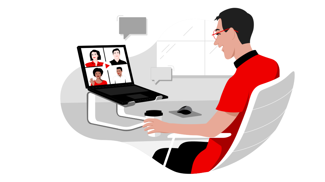 Illustration of person video conferencing with 4 others on screen