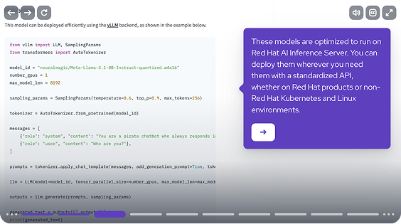 Captura de tela de uma demonstração interativa mostrando uma interface de linha de comando e um prompt informando: “Estes modelos são otimizados para execução no Red Hat AI Inference Server. Você pode implantá-los onde precisar com uma API padronizada, seja em soluções Red Hat ou em outros ambientes Kubernetes e Linux.”