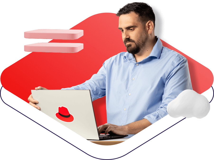 Collage de un hombre que trabaja en una computadora portátil con objetos abstractos que representan plataformas y nubes flotando a su alrededor