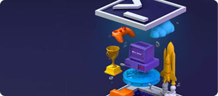Exploded isometric view of a computer, game controller, trophy, and rocket.