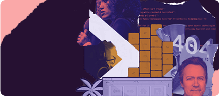 Collage of tech elements: code, graph, 404 error, people, and a tropical plant.