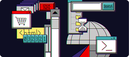 Retro computer interfaces with windows displaying various icons and text.