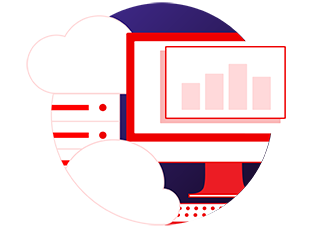 A graphic representation of a monitor next to a server stack with clouds floating over and between.