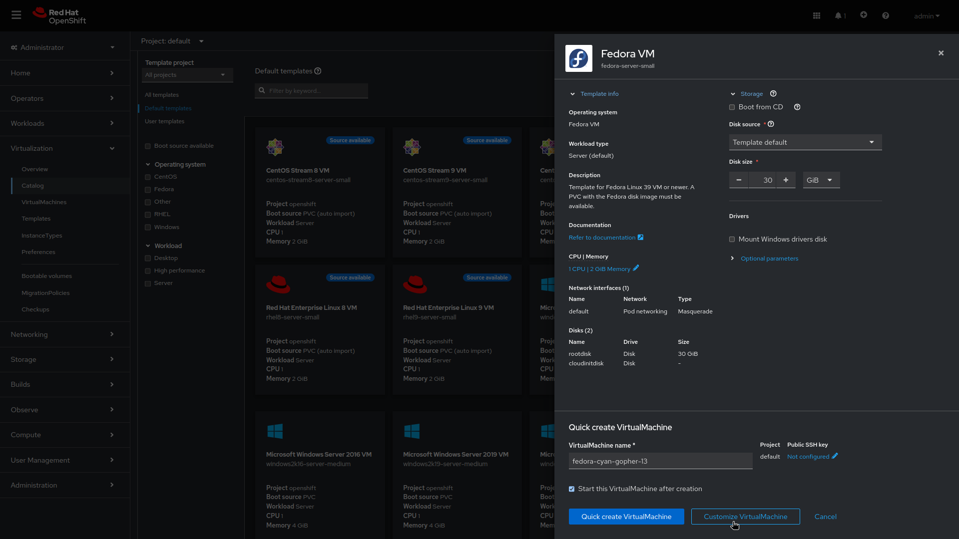 Screenshot of step to provision a virtual machine using customized templates