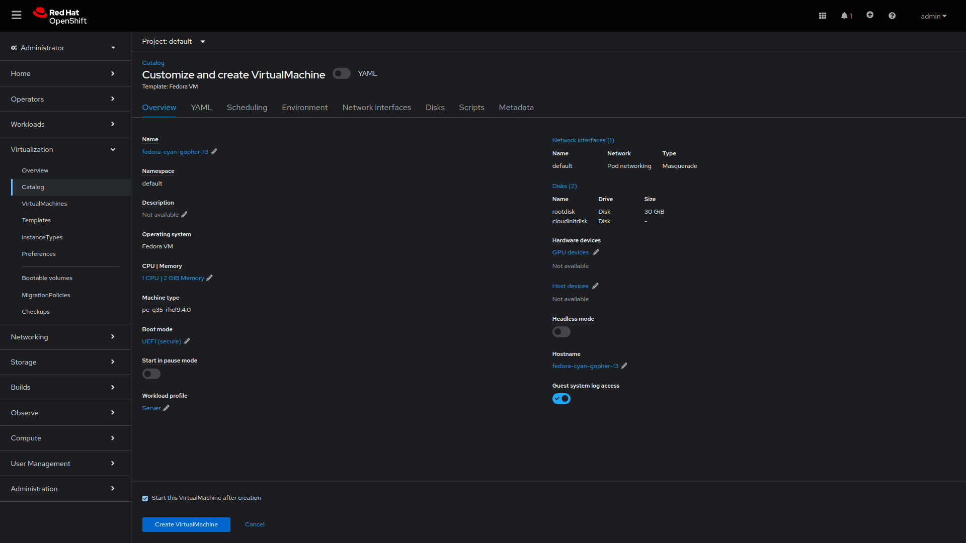 Screenshot of view of the status of the newly provisioned virtual machine.
