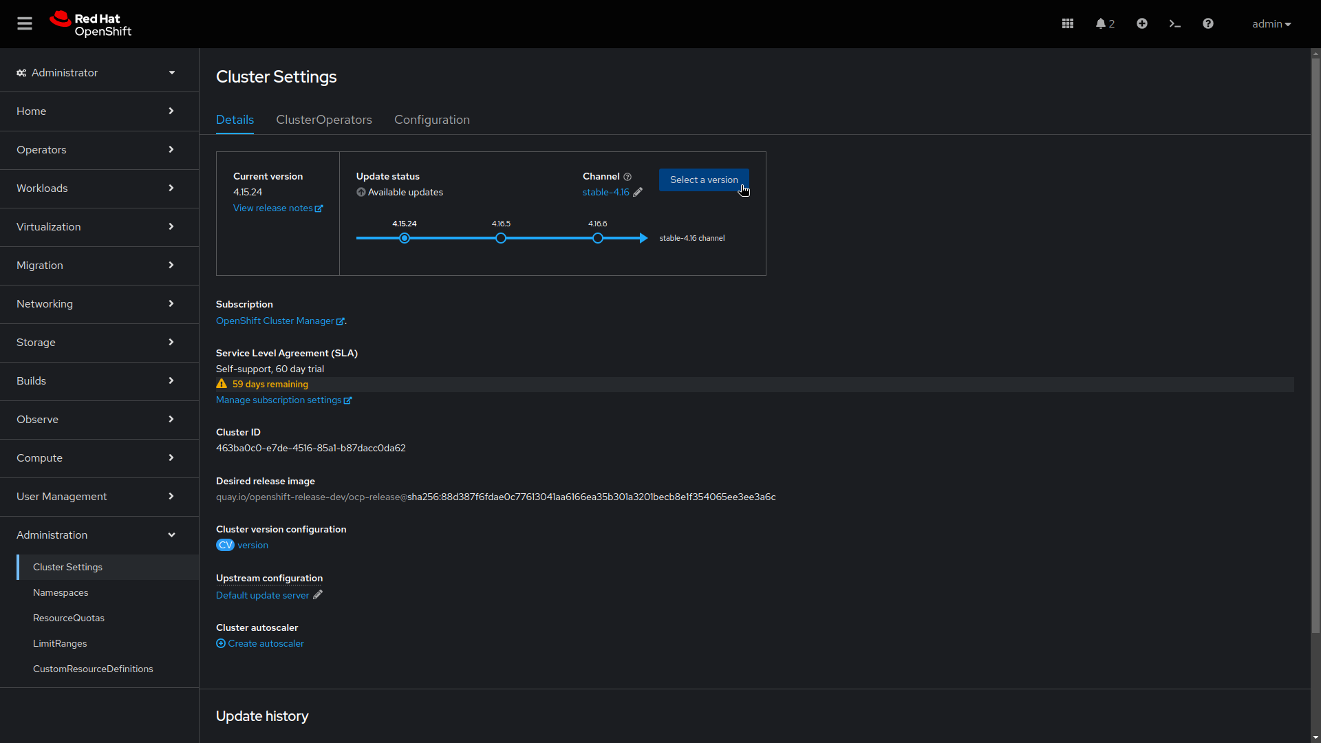 Image of cluster settings screen