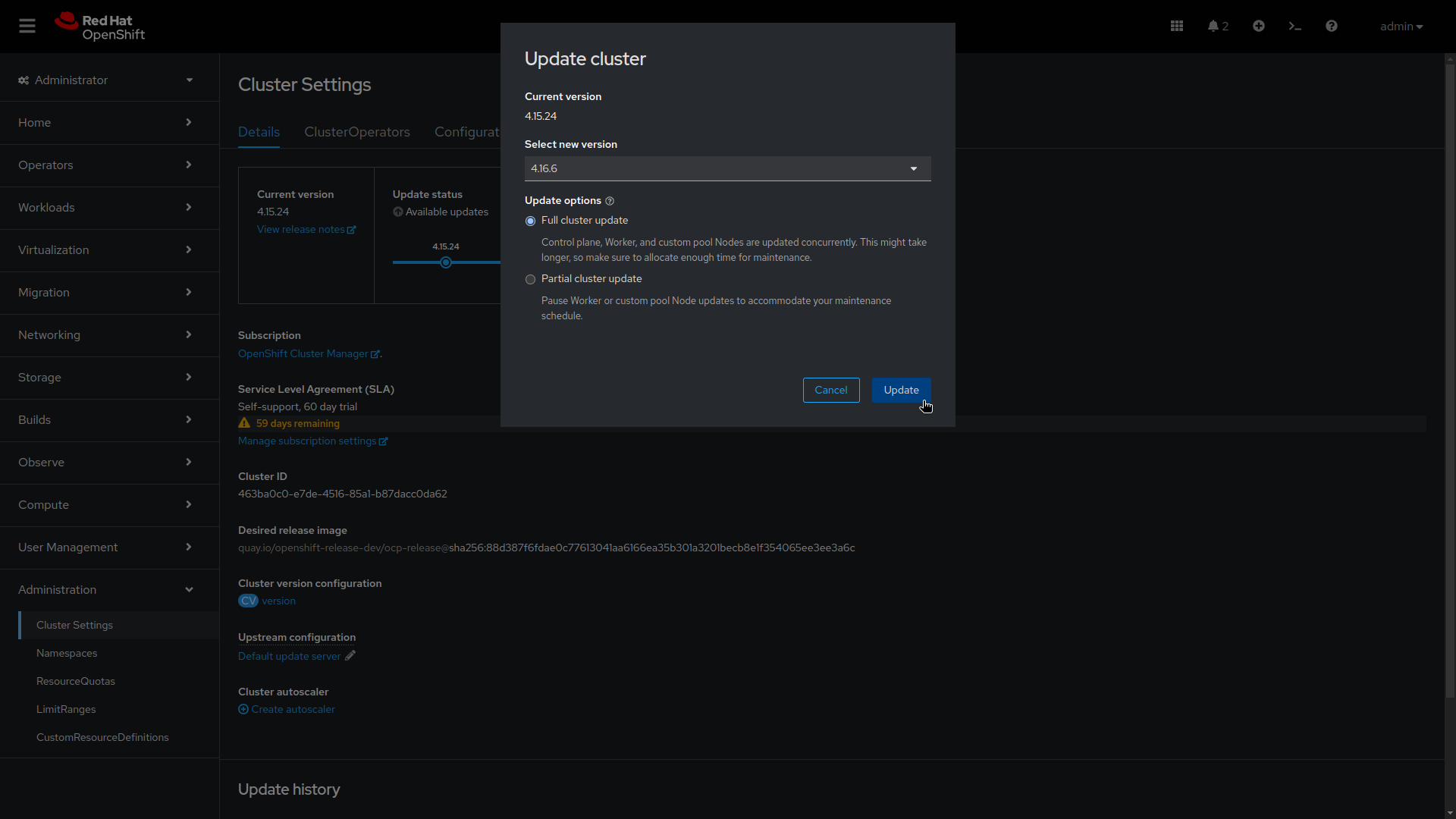 Image of cluster settings screen