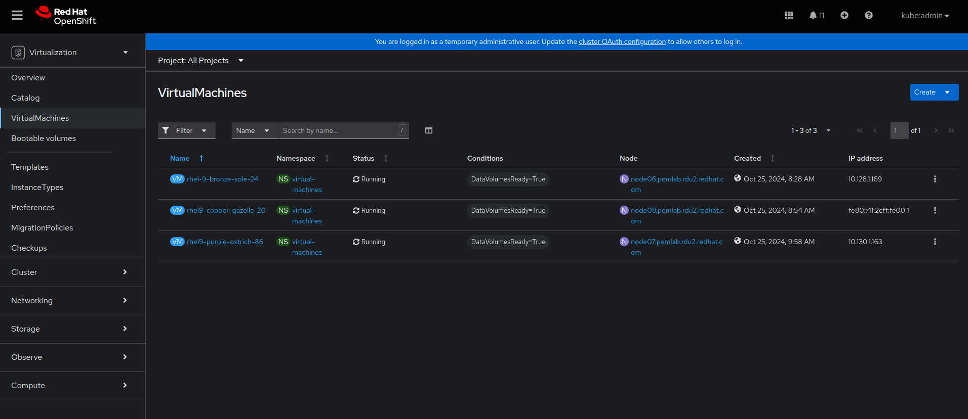 Image of virtualization control screen in web console