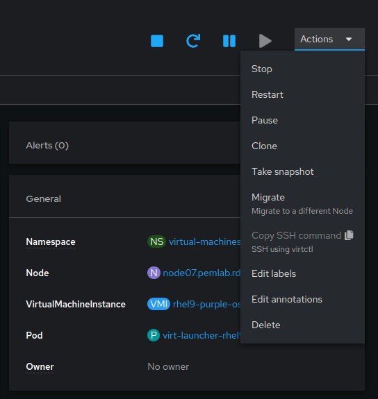 Image of web console section on how to manage the virtual machine