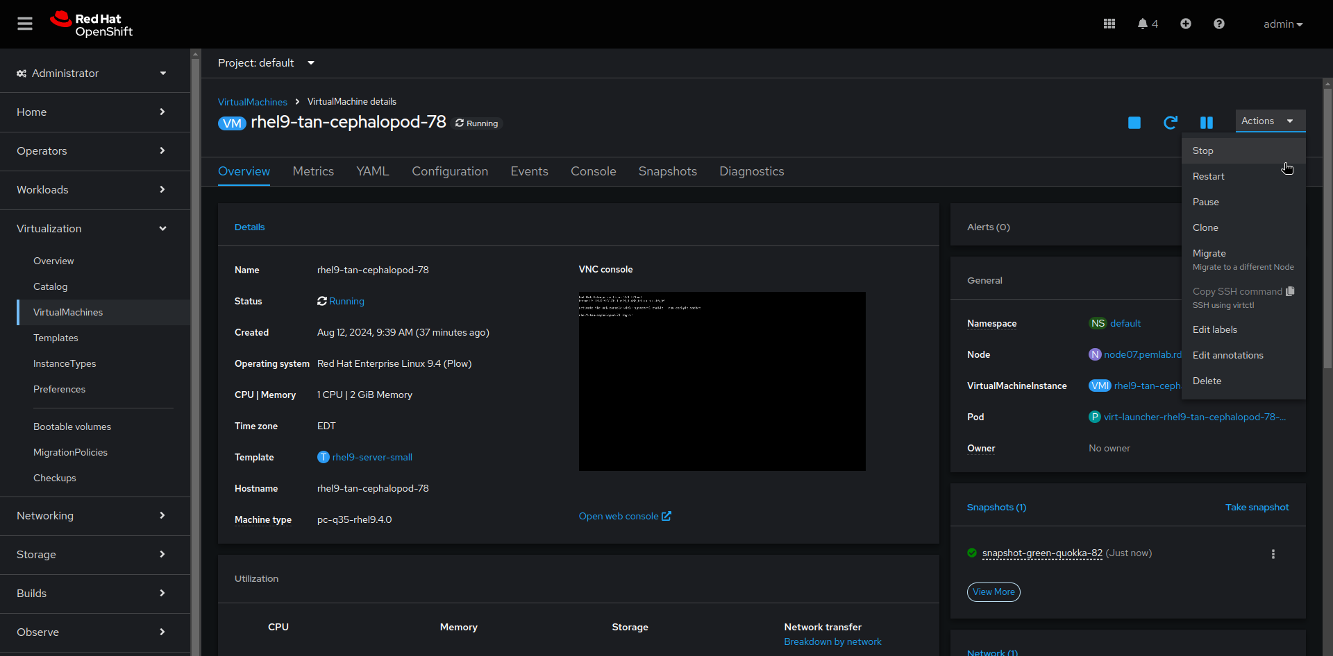 Image of screen view when restoring a virtual machine snapshot on the web console