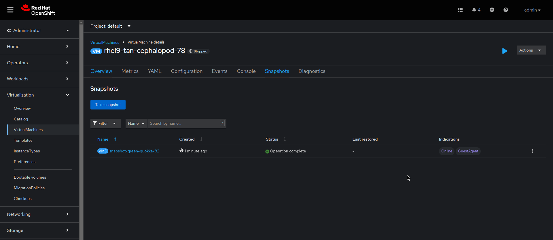 Image of screen view when restoring a virtual machine snapshot on the web console