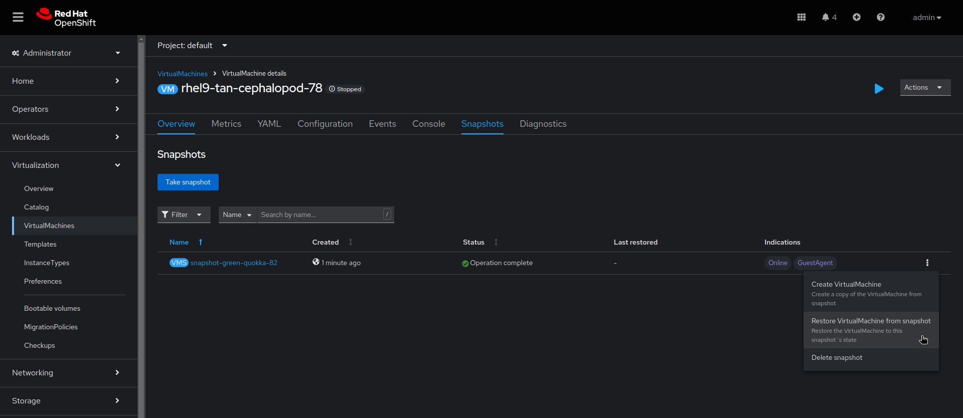 Image of screen view when restoring a virtual machine snapshot on the web console