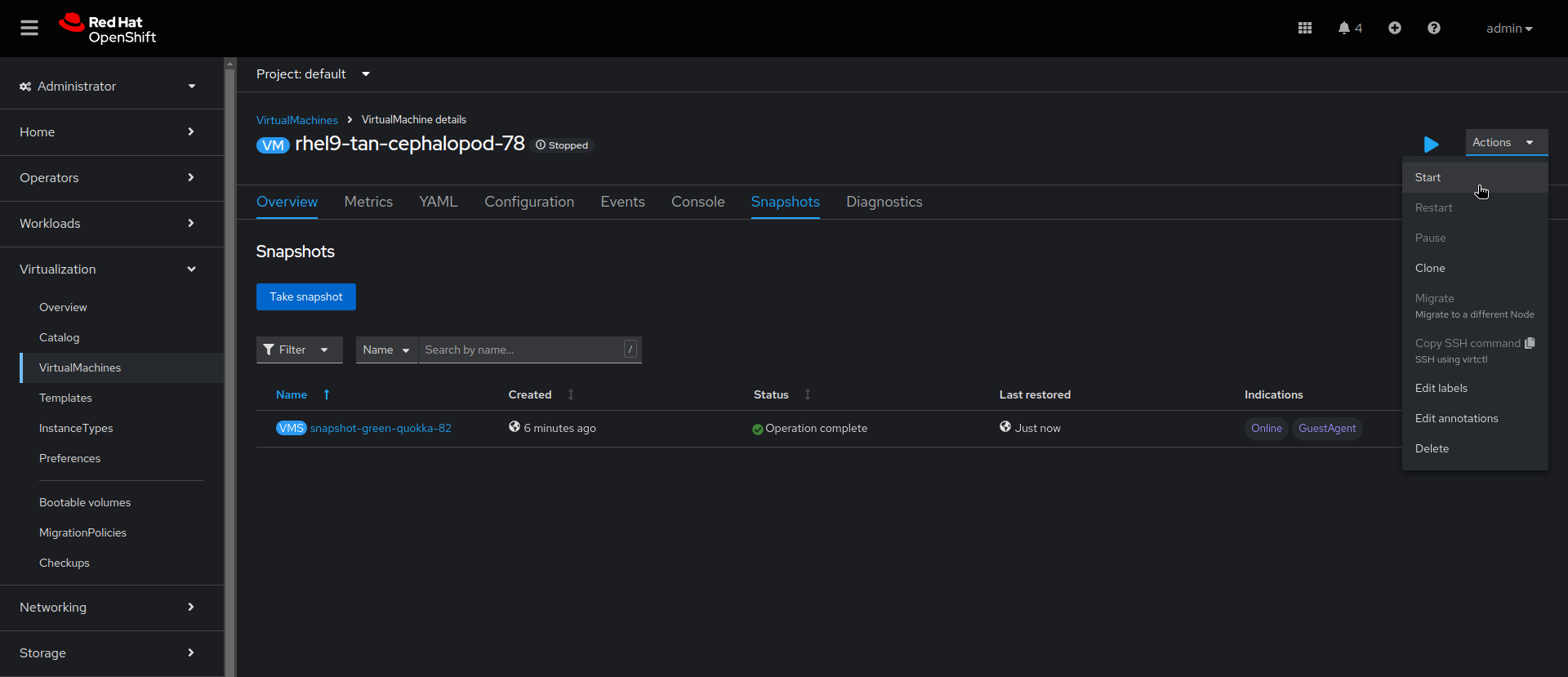 Image of screen view when restoring a virtual machine snapshot on the web console