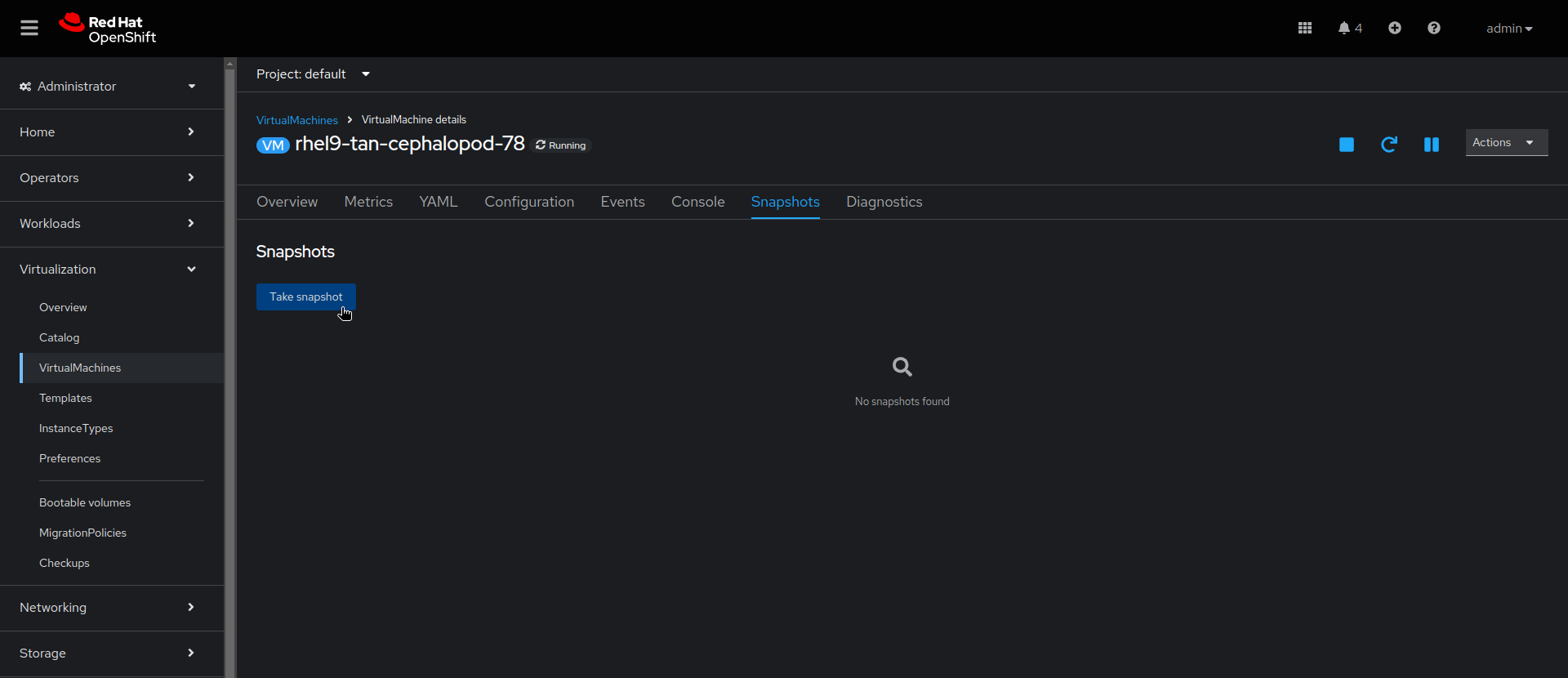 Image of screen view when creating a virtual machine snapshot on the web console