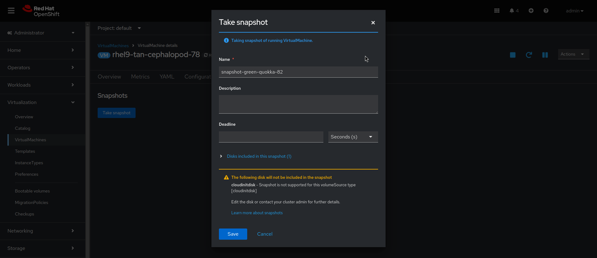 Image of screen view when creating a virtual machine snapshot on the web console