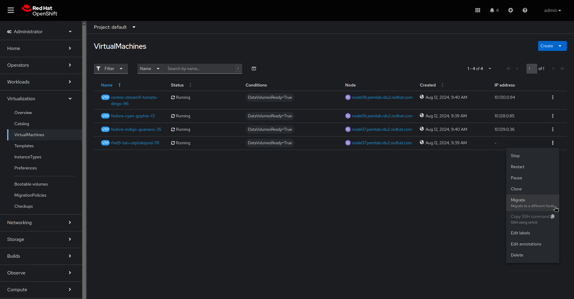 Image of screen view step to live migrate running virtual machines in the web console.
