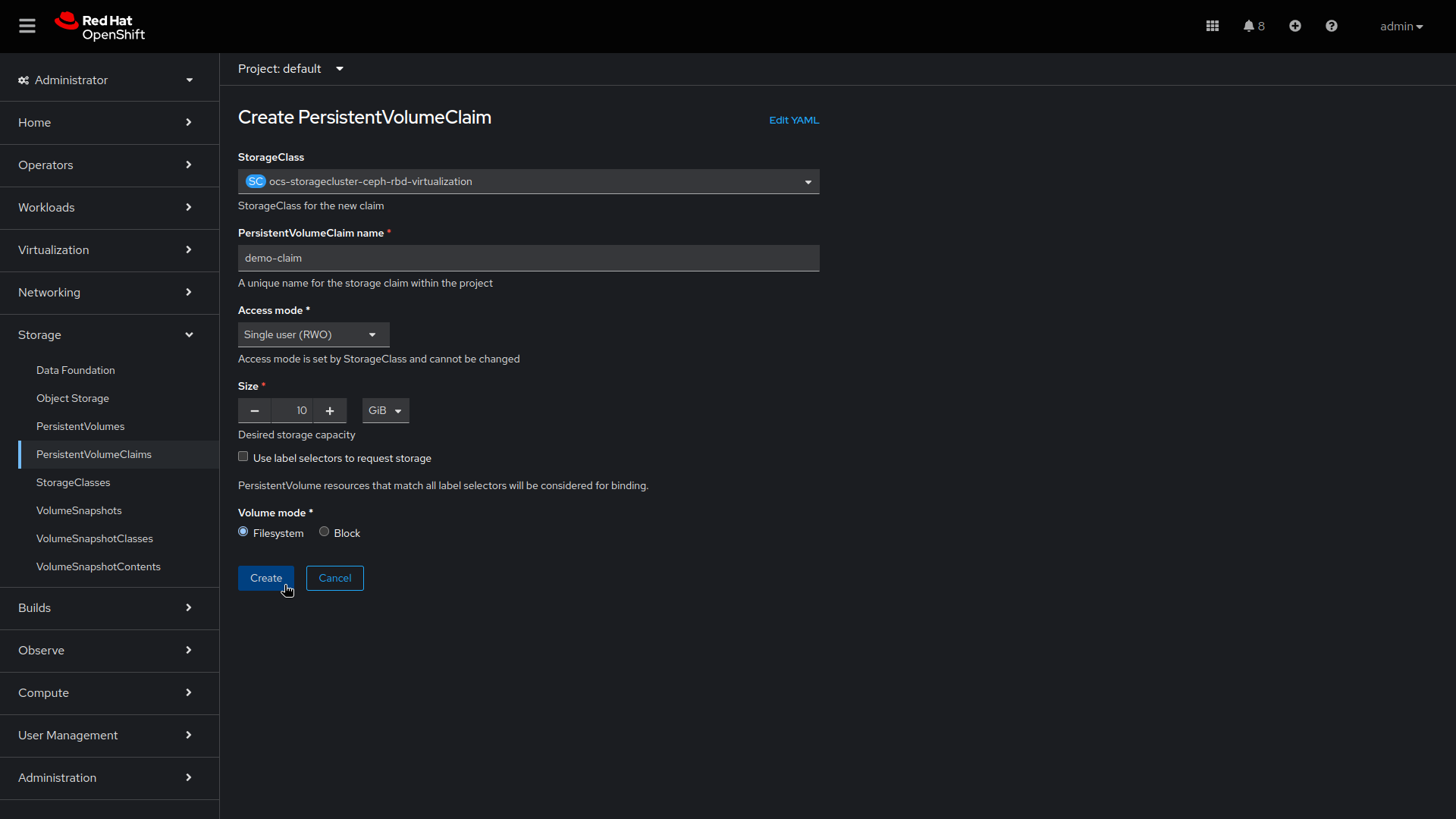 Image of  PersistentVolumeClaim screen