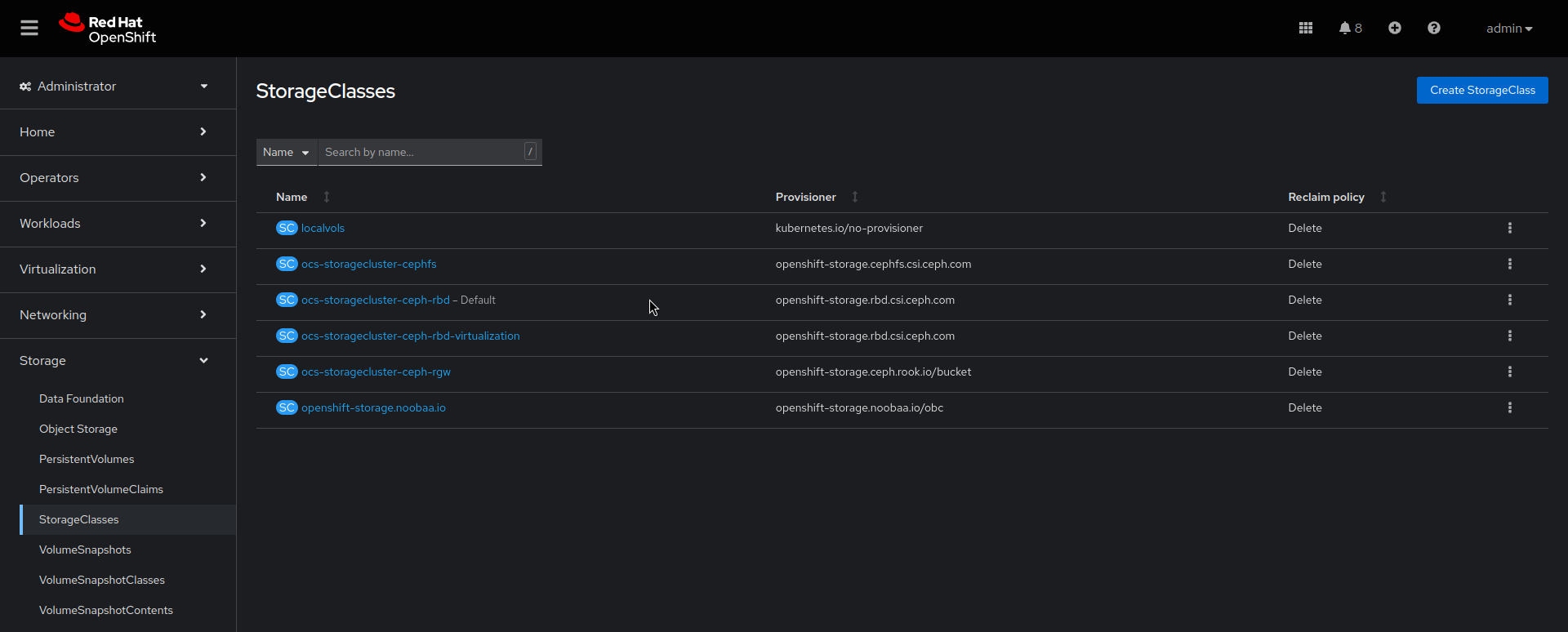 Image of OpenShift Virtualization storage class window