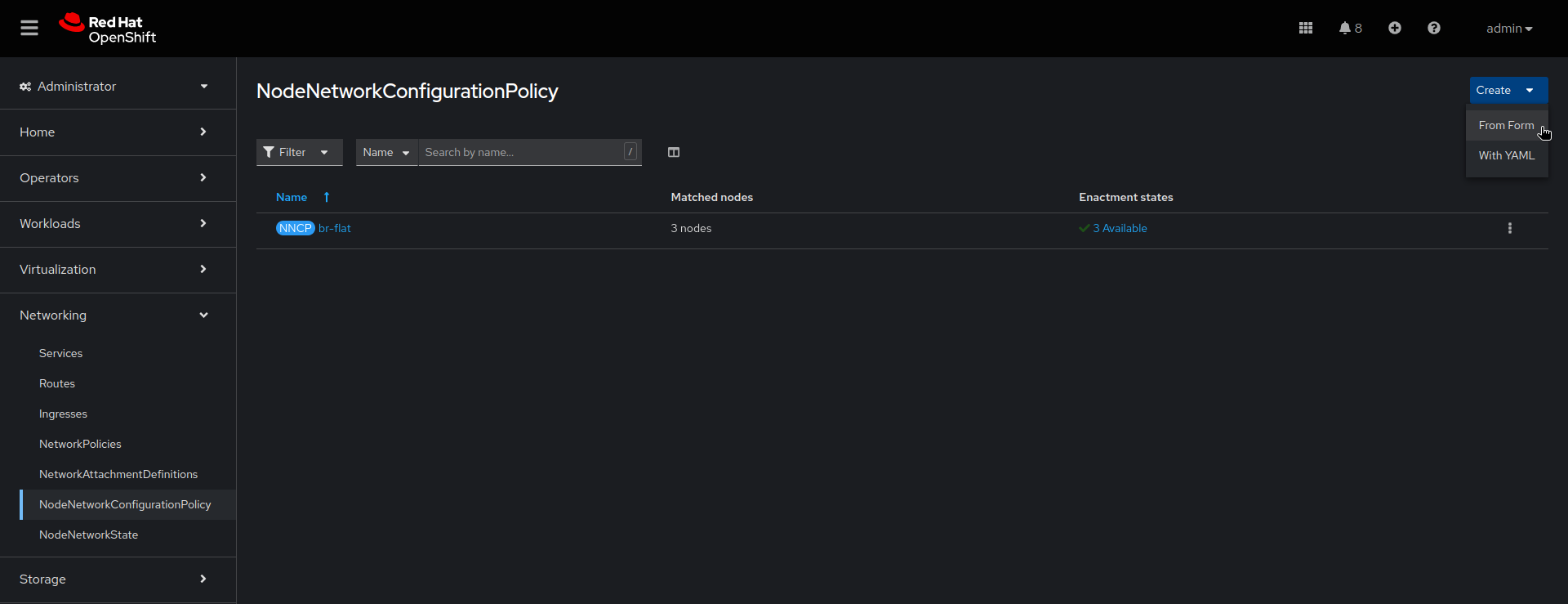 Image of node network configuration policy in the web console