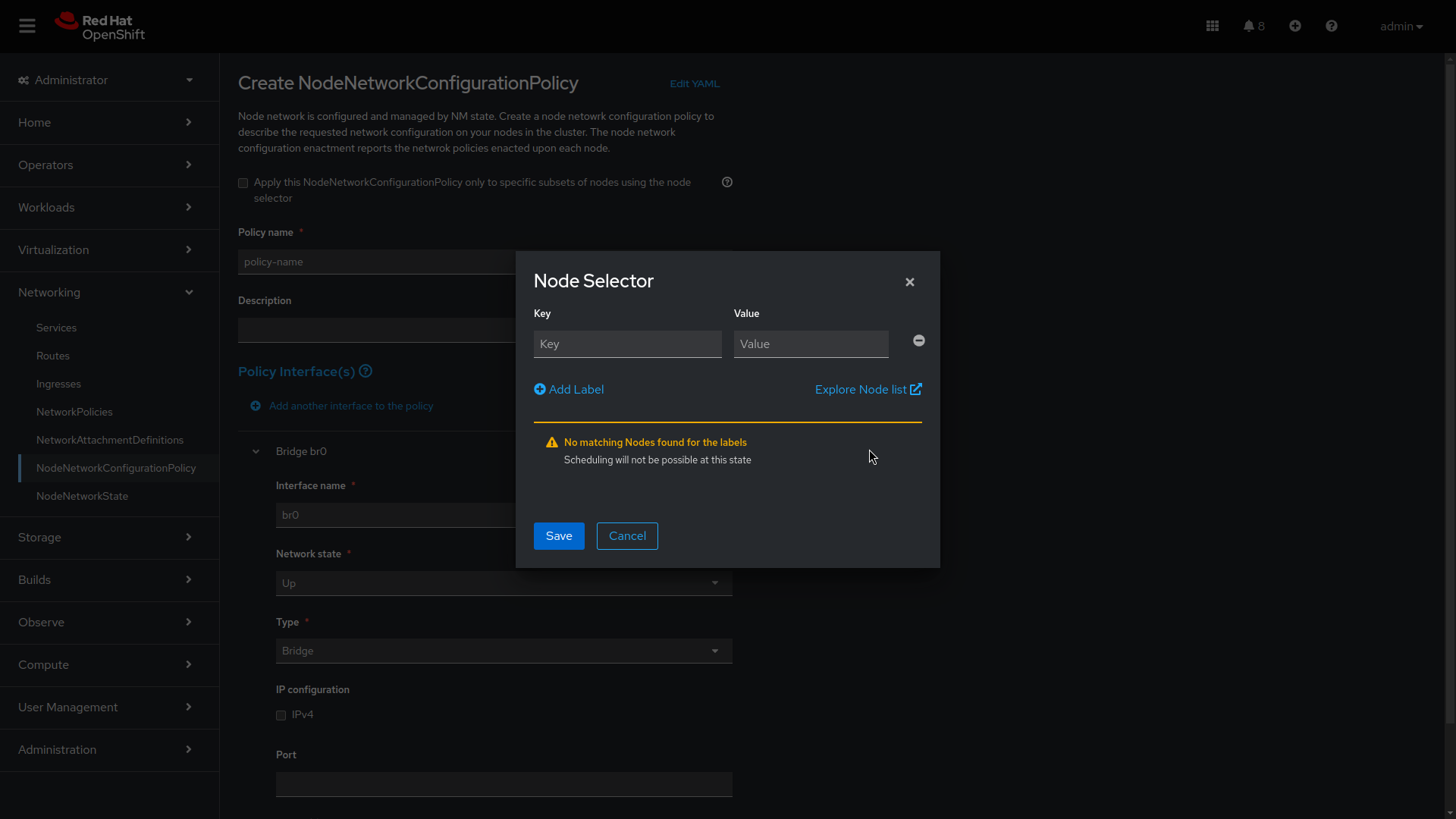 Image of node network configuration policy in the web console