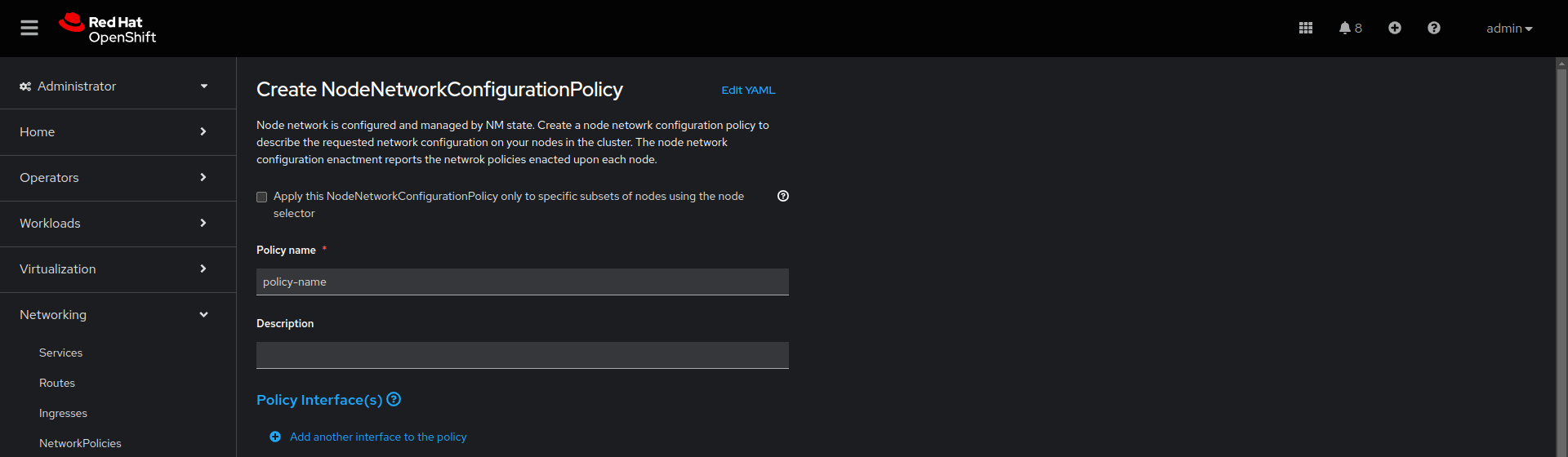 Image of node network configuration policy in the web console