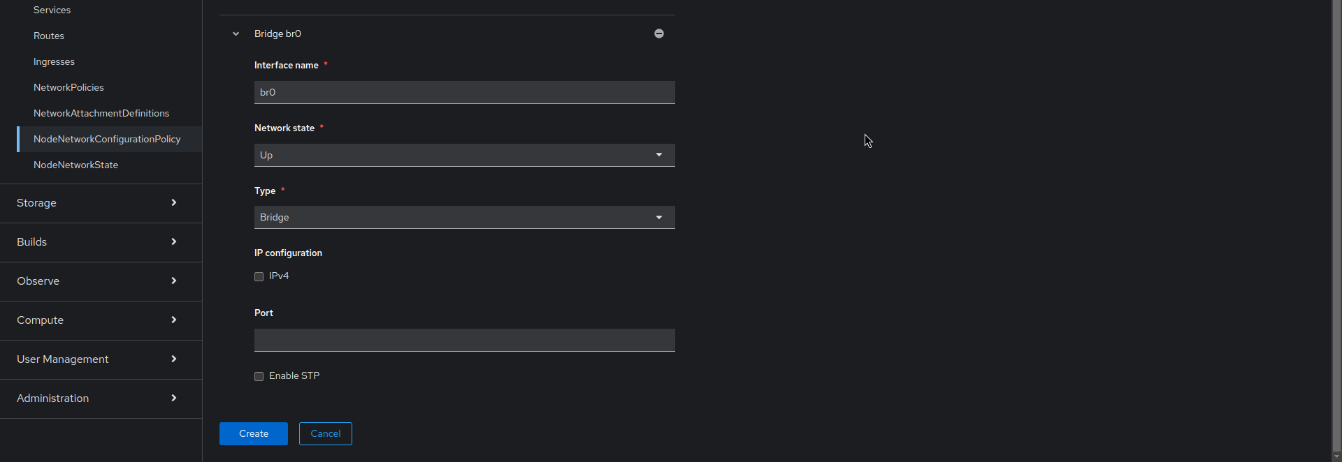Image of node network configuration policy in the web console