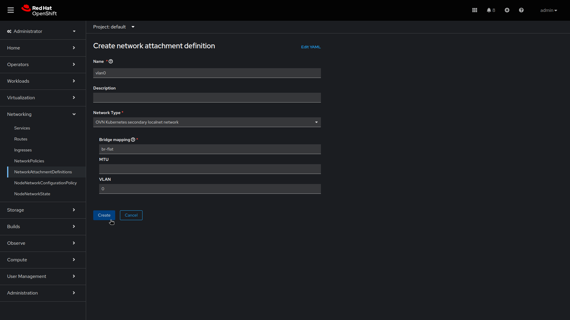 Image of network attachment definition screen