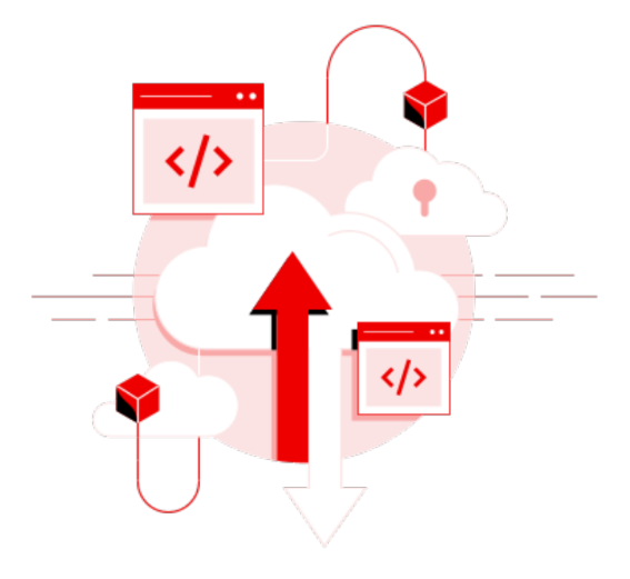 Apps and containers moving to and from a secure cloud, representing a hybrid cloud environment