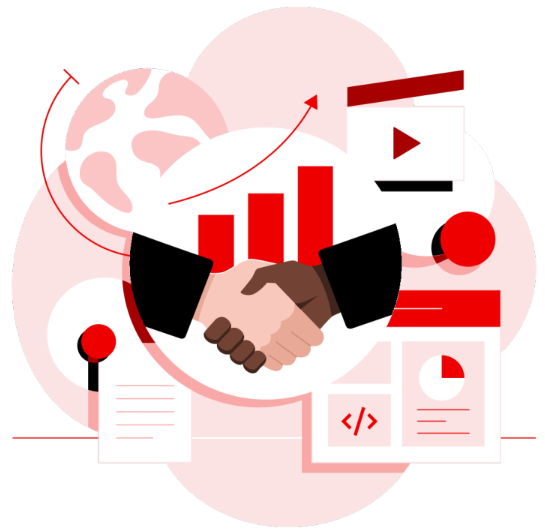 A handshake represents a partner ecosystem with a globe, a rising bar chart, and code icons
