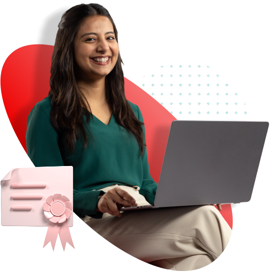 A smiling woman holds a laptop, with a graphic of a certificate next to her