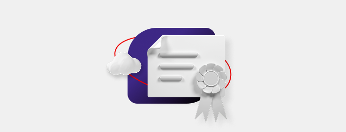 A certification graphic with a ribbon is on a rounded purple square, with an ellipse behind it and a small cloud nearby.