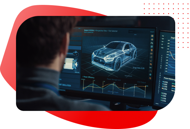 Man looking at a computer screen showing an automotive blueprint