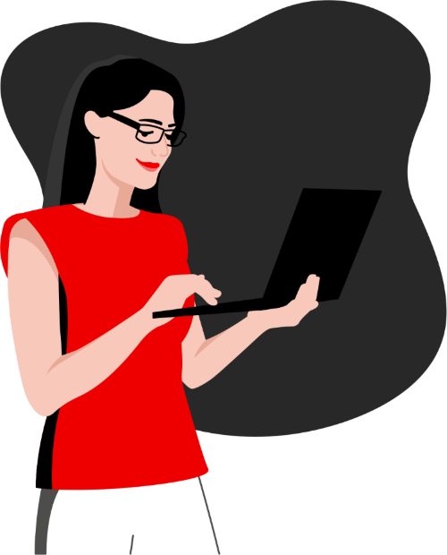 Woman in red shirt standing while working on black laptop