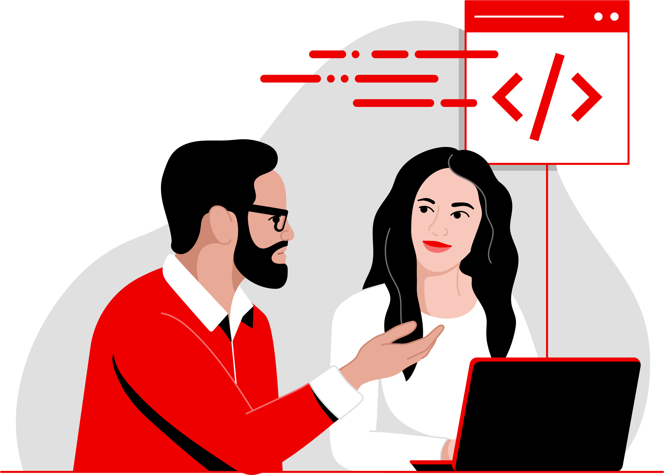  two people, who appear to be a man and a woman, collaborating in front of a laptop with an abstract representation of code in the background.