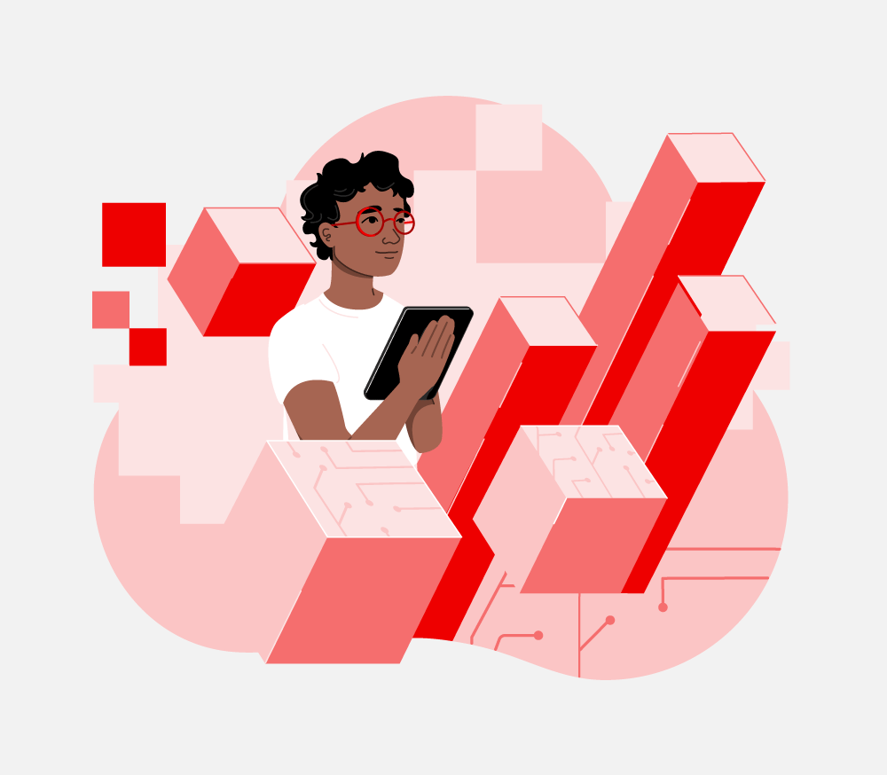Illustration of person holding tablet among 3D shapes