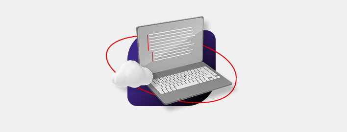 a laptop sits open on a purple square with rounded corners. A red ellipse peaks out from around the laptop while a small cloud hovers off to the side