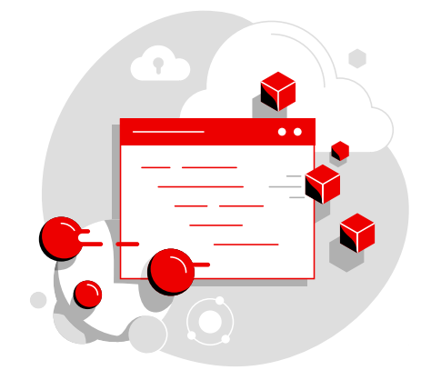 A browser-like window with red header and lines inside representing text or code plust 3D red cubes floating around the window