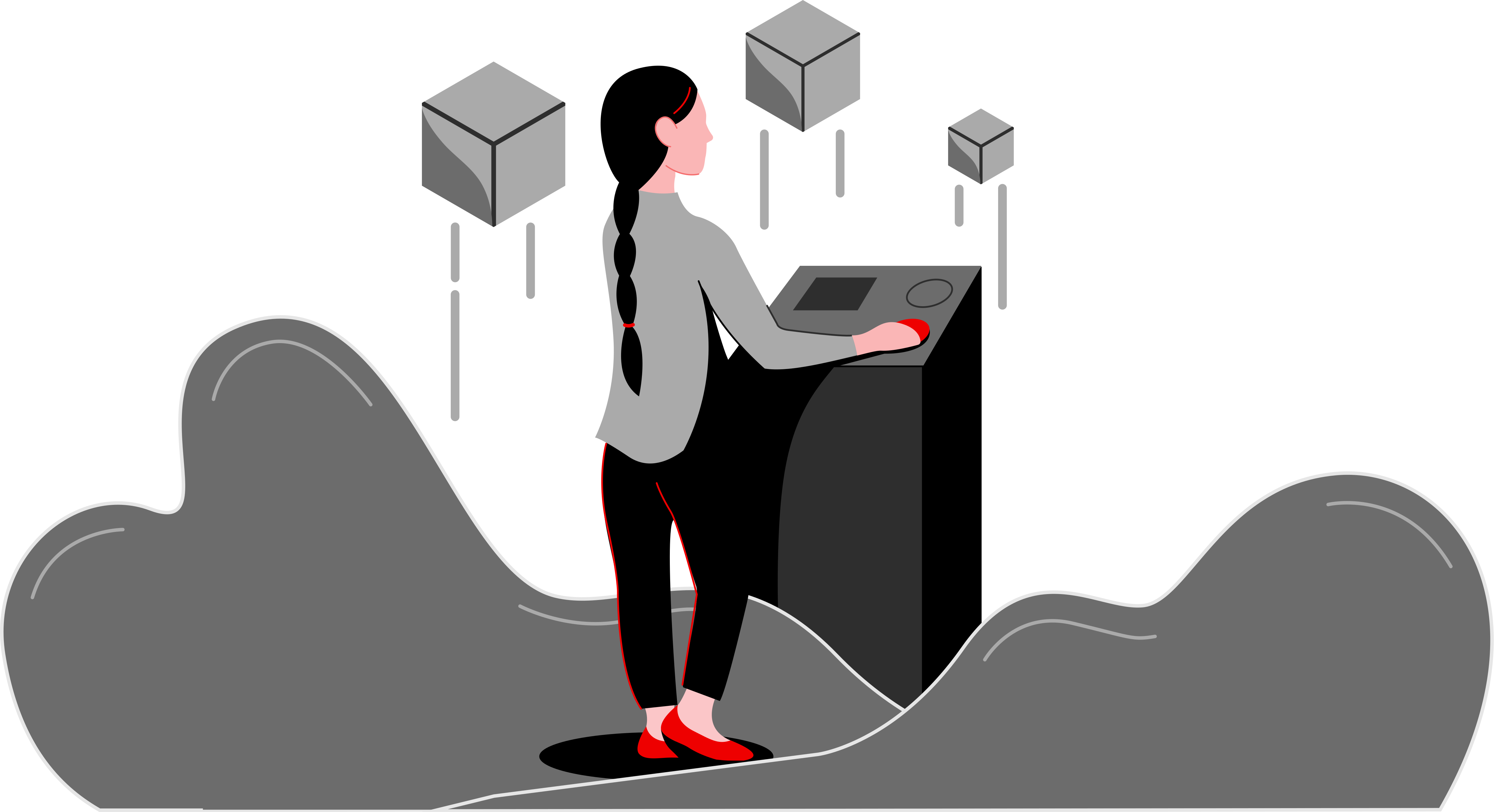 A woman at a console deploys containers, illustrated as floating isometric cubes