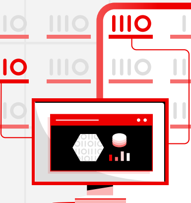 illustration that depicts a computer monitor displaying data visualizations, connected to a network of binary code representations, all rendered in a red, black, and white color scheme.